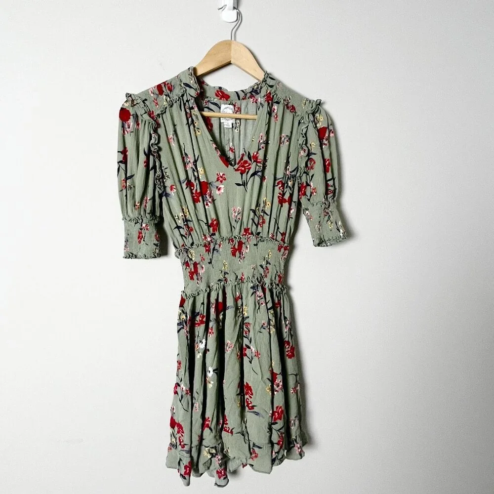 2/$30 Blue Rain Smocked Floral Green Peasant Dress Small